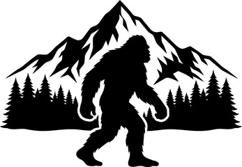Fototapeta premium Bigfoot silhouette walking in front of mountains and pine forest