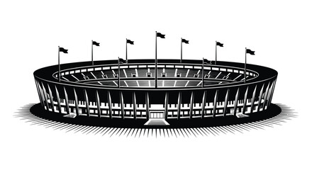 Naklejka premium Detailed black and white illustration of a large empty stadium with multiple tiers