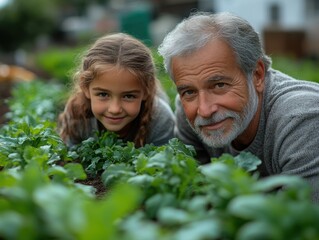 A man and a young girl are kneeling in a vegetable garden, smiling at the camera.