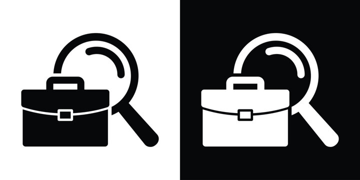 Flat professional briefcase icon with a magnifying glass. Minimalist vector symbol for job search, recruitment, and career discovery. Black and white versions included.