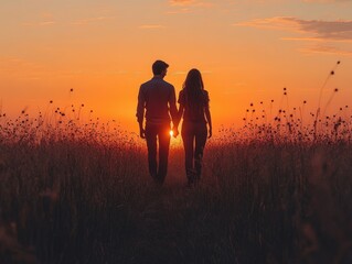 A couple stands hand-in-hand in a field during sunset, with a vibrant orange sky and delicate clouds.
