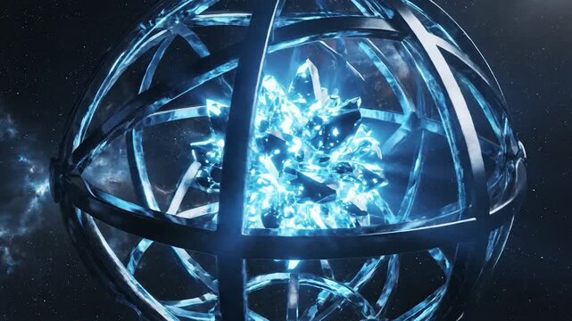 A glowing blue crystal core is encased within a futuristic spherical cage