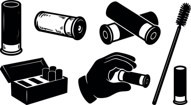 Silhouette vector close up shotgun shells and cartridge box hand holding shell cleaning brush ammo reloading tools black on white