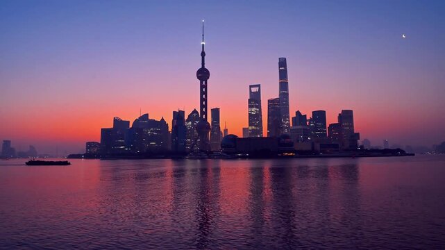Shanghai city skyline and Oriental Pearl Tower in Lujiazui district with urban traffic and New Year atmosphere, China