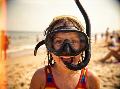 Portrait en gros plan d'un enfant souriant portant un masque de plong&eacute;e et un tuba sur une plage ensoleill&eacute;e