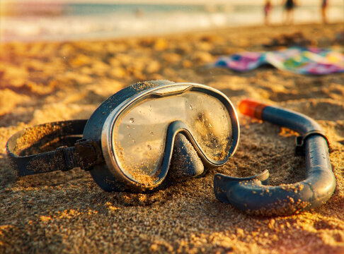 Masque de plong&eacute;e et tuba pos&eacute;s sur le sable dor&eacute; d'une plage ensoleill&eacute;e en fin de journ&eacute;e