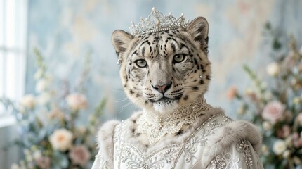 Obraz premium Elegant Snow Leopard in White Gown and Tiara