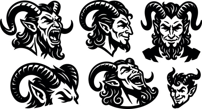Tattoo flash goat demon head set with bold black vector profiles showing varied expressions horns bearded snarling laughing side views