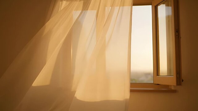 Sunset light curtain open window sheer fabric warm interior cozy home decor minimal peaceful room golden hour glow gentle breeze soft focus