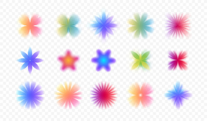 Flower gradient blur with soft focus and petals of various shapes. Vector isolated set of flowering with smooth transition of hues. Design project and greeting card, branding and decoration elements © Sensvector