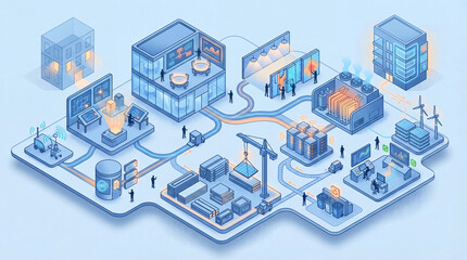 Fototapeta premium Building Retrofit and Energy Upgrade Project Ecosystem, Isometric Construction Planning Campus with Audit, Design, Installation and Verification Flow.
