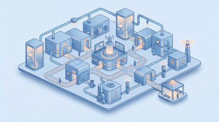 Fire Safety Systems and Evacuation Infrastructure Ecosystem, Isometric Building Campus with Detection, Suppression, Exits and Emergency Routing.