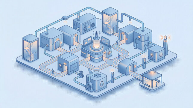 Fire Safety Systems and Evacuation Infrastructure Ecosystem, Isometric Building Campus with Detection, Suppression, Exits and Emergency Routing.
