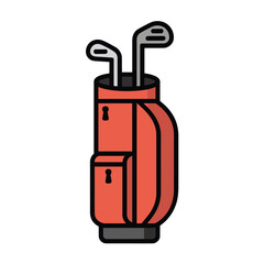 Red golf bag standing upright with two golf clubs sticking out against a clean white background