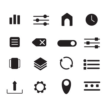 Set of 16 minimalist black mobile app icons. Vector symbols for settings, navigation, home, clock, upload, and interface design elements.