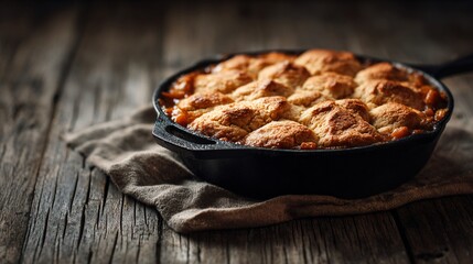 Sweet potato cobbler baked in cast iron skillet, styled on weathered wood surface, warm directional light, Southern-inspired rustic mood