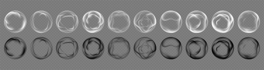 Naklejka na ściany i meble Monochrome liquid 3D spheres with glow and gradient transition. Vector isolated flowing structure surface set. Digital art and branding element, poster accent and conceptual design project