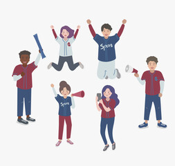 Fototapeta premium Excited Diverse Baseball Fans Cheering with Megaphone and Foam Finger, Flat Vector Illustration of People Celebrating Sports Victory Isolated on White.
