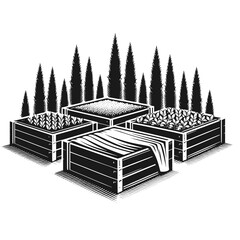 Fototapeta premium Elevated garden beds illustration in black-white woodcut style