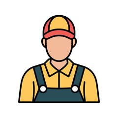 Construction worker in yellow and red hard hat with green overalls stands confidently ready for work