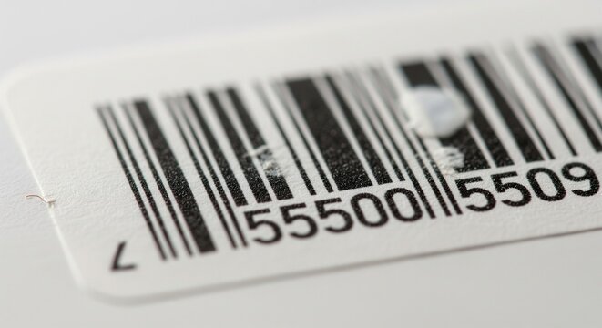 A white sticker featuring a barcode and numbers with a white substance or smudge covering part of the lines
