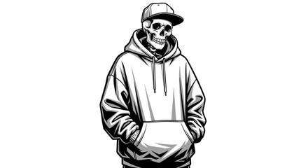 Skeleton Wearing Hoodie and Baseball Cap.