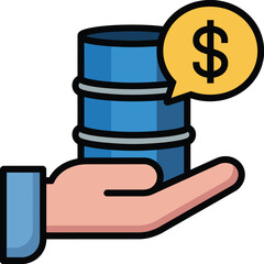 Hand holding a cylindrical blue container with a yellow speech bubble displaying a dollar sign symbolizing finance