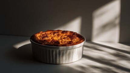 Sweet potato cobbler photographed with strong directional shadows, minimalist studio setup, modern food art