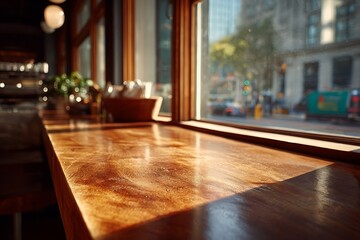 Fototapeta premium A warm and inviting cafe interior featuring a wooden table by the window with a blurred city view.