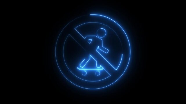 Glowing neon no skateboarding prohibition sign vector icon, on black background 4k video.