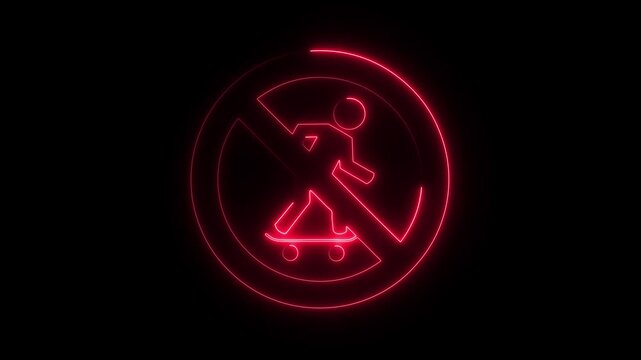 Glowing neon no skateboarding prohibition sign vector icon, on black background 4k video.