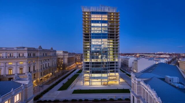 Urban transformation from daylight to night: building rises with the setting sun