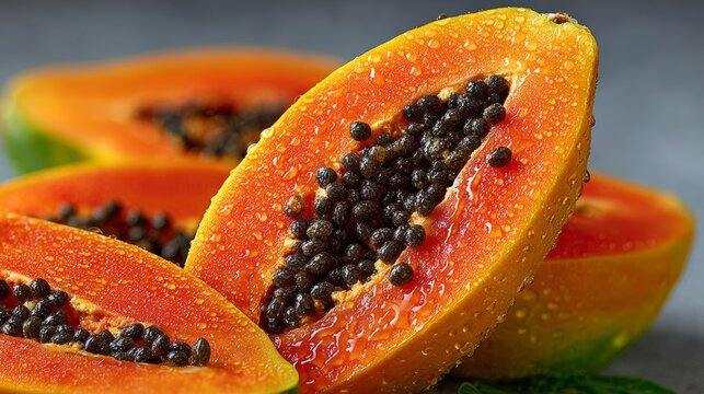 Freshly cut papaya halves with vibrant orange flesh and black seeds, placed on a textured surface with additional whole papayas in the background
