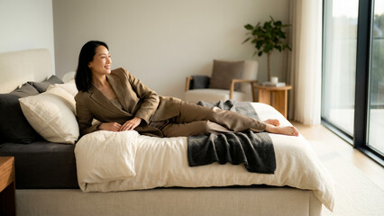 Obraz premium A peaceful and relaxed woman enjoying a quiet morning at home. Captures themes of mental well-being, relaxation, self-care, and peaceful domestic life.