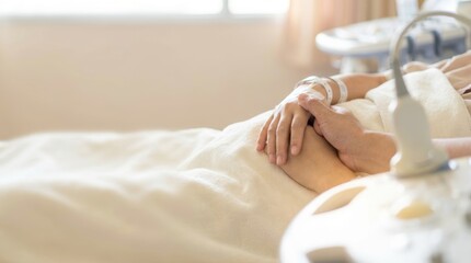 A patient's hand with an IV drip and wristband gently held by another person's hand in a hospital bed