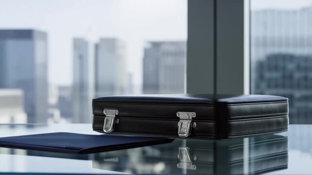 Briefcase and folder on glasstopped table in modern city office
