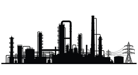 Industrial complex skyline with towers and power lines a stark silhouette © momotaj