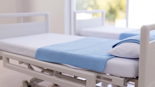 Sunlit hospital room with empty bed and crisp linens in serene atmosphere