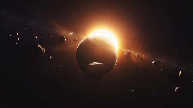 Partial solar eclipse with dramatic asteroids and glowing solar edge in space