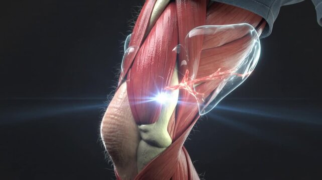 Detailed 3D medical illustration of human knee anatomy with highlighted muscles and tendons, showcasing the complex structure of the joint from a close-up viewpoint