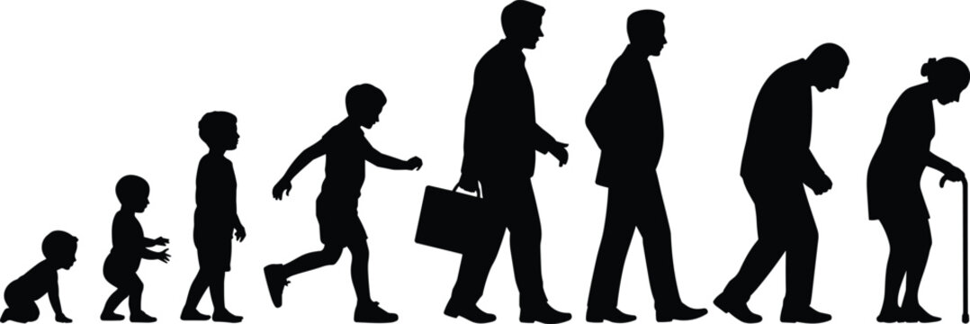 Human life cycle evolution silhouettes, aging process from baby to elderly senior, growing stages set isolated on white background, growth.