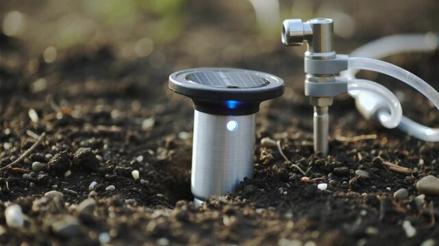A solar-powered irrigation controller sits on soil next to a water valve and tubing.
