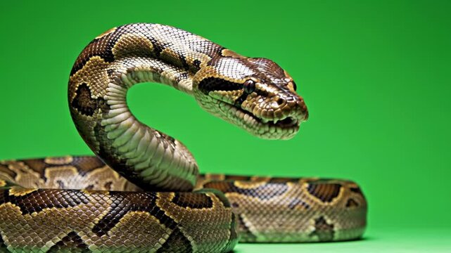 Striking Python's Head Rises, Tongue Flicking, Revealing Intricate Scales on a Vivid Green Screen