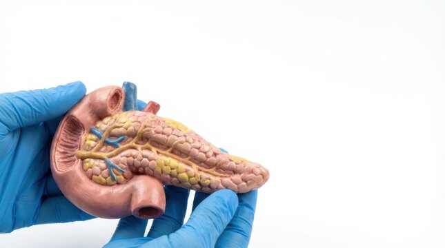 Hands in blue medical gloves hold a detailed human pancreas and duodenum anatomical model on a white background