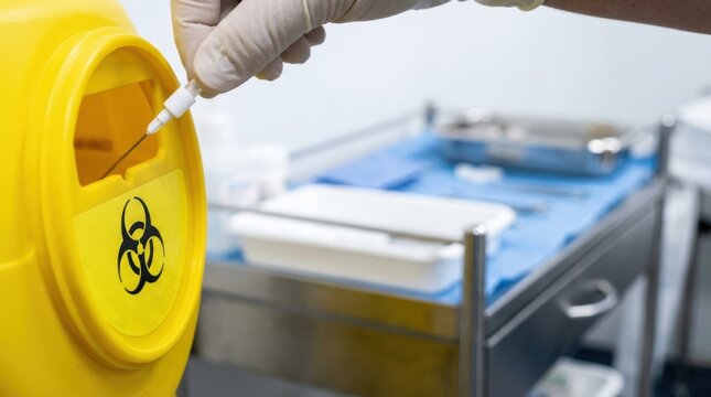 Gloved hand disposes of a medical needle into a yellow biohazard sharps container Sterile instruments on trolley