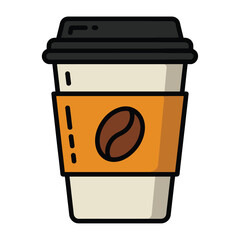 Disposable coffee cup with black lid and orange sleeve featuring coffee bean symbol illustration on a clean background