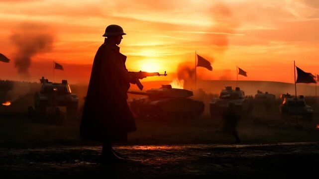Soldier silhouetted at sunset with tanks advancing through smoke and fire