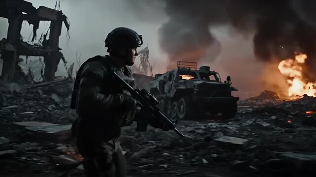 Soldier in a war zone, amidst smoke and fire, holding a rifle.