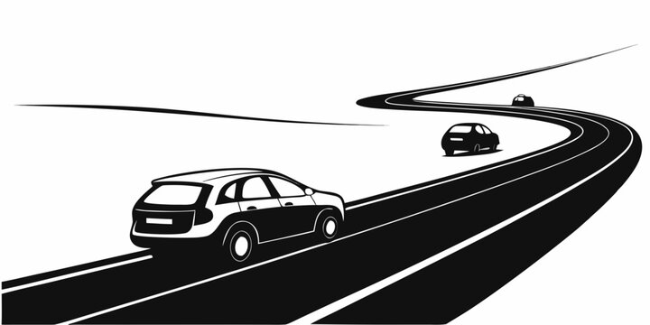 Three cars driving on a winding road with a bridge in the background. Vector