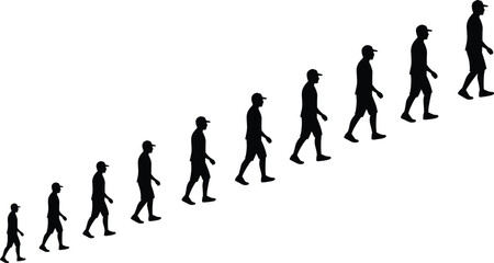 Obraz premium Black silhouette of a man in a cap walking uphill in a repetitive sequence increasing in size on a clean white background.